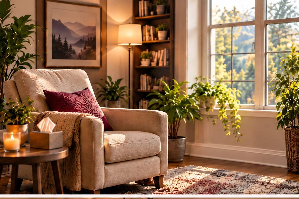 Illustrative individual therapy room with a comfortable chair, warm lighting, and plants.
