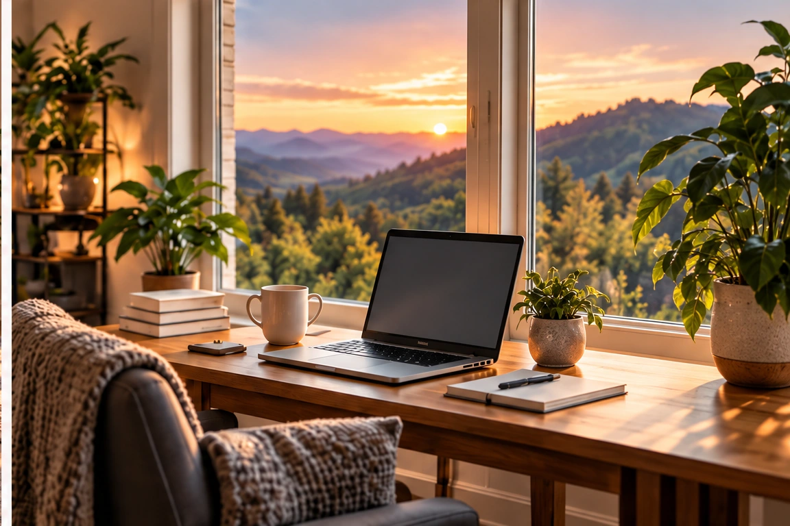 Illustrative home workspace with a laptop, warm lighting, and a peaceful window view.